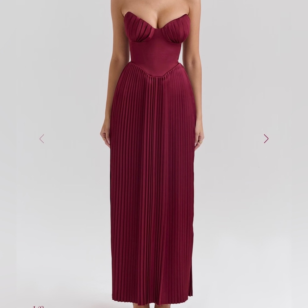 Strapless Pleated Burgundy Evening Gown